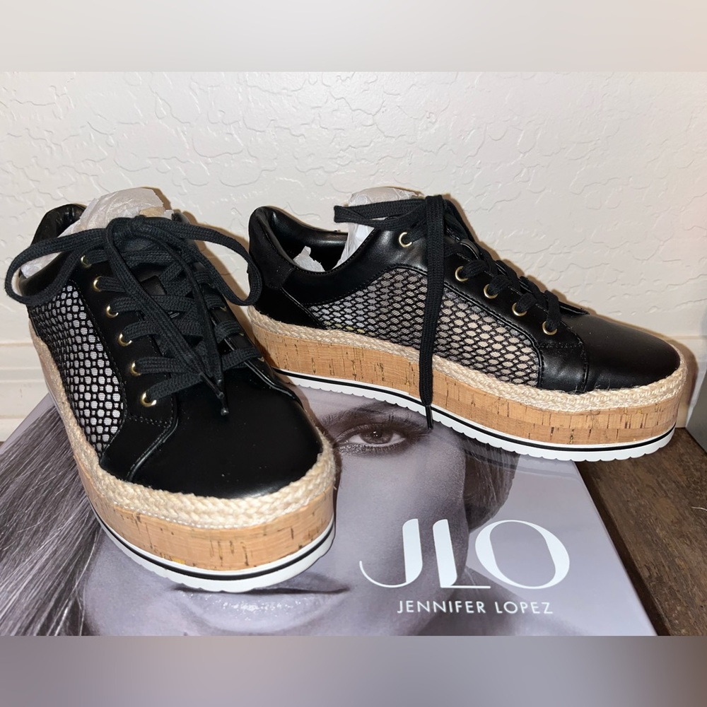Jennifer Lopez Black Cork Platform Sneakers